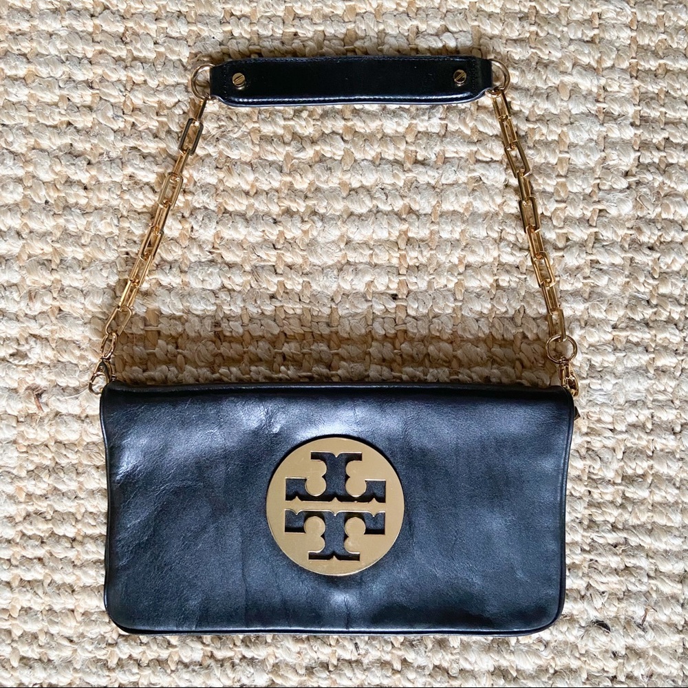 Authentic Tory Burch black leather clutch bag